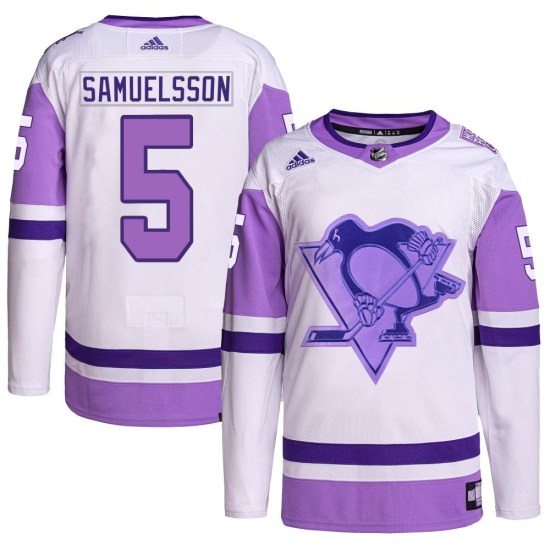 Ulf Samuelsson Pittsburgh Penguins Authentic Hockey Fights Cancer Primegreen Adidas Jersey - White/Purple