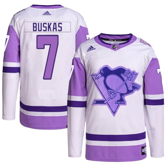 Rod Buskas Pittsburgh Penguins Youth Authentic Hockey Fights Cancer Primegreen Adidas Jersey - White/Purple
