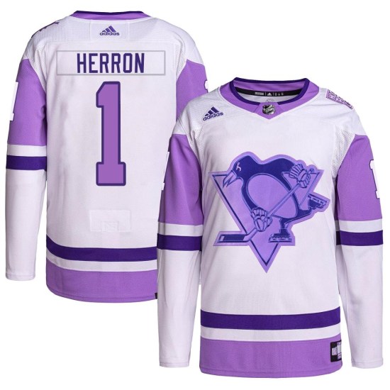 Denis Herron Pittsburgh Penguins Youth Authentic Hockey Fights Cancer Primegreen Adidas Jersey - White/Purple